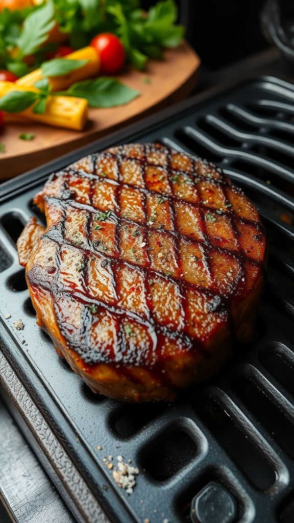 A juicy steak on a grill with a crust of salt and pepper, surrounded by fresh herbs and grilled vegetables.